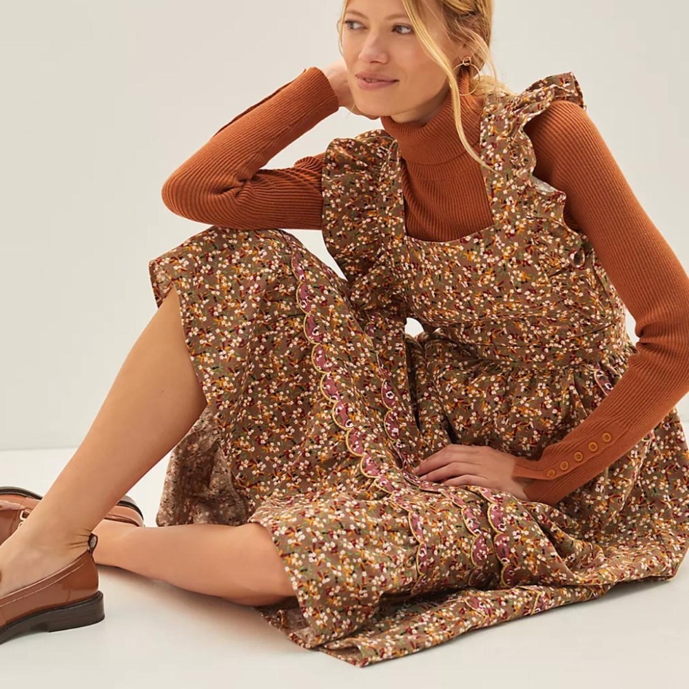 Celia B Floral Ruffle Midi Dress in Warm Brown Medium